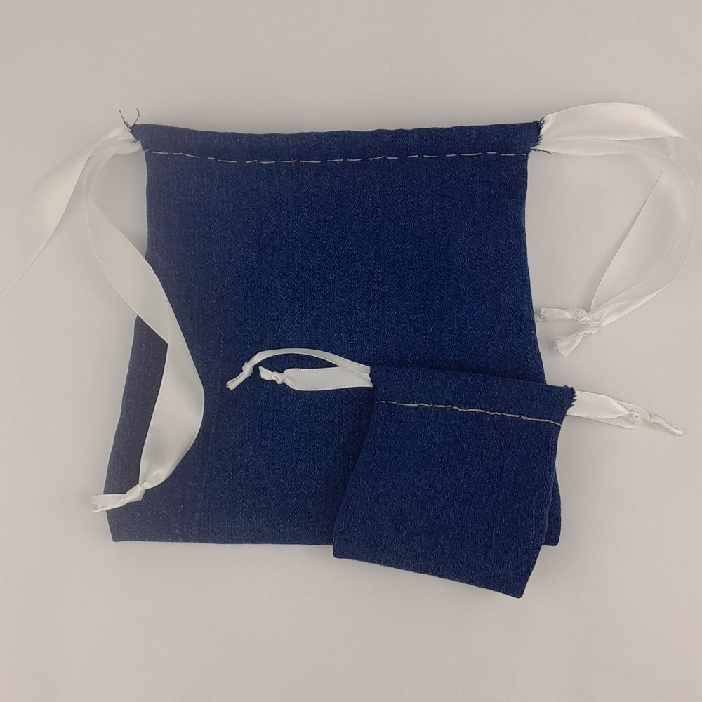 2 Handcrafted Stretchy Jean Ribbon Drawstring Matching Bags
